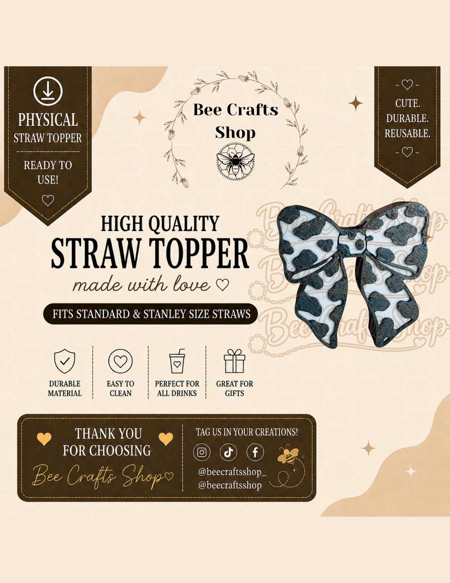 Cow Print Bow 3D Printed Straw Topper 8.5mm