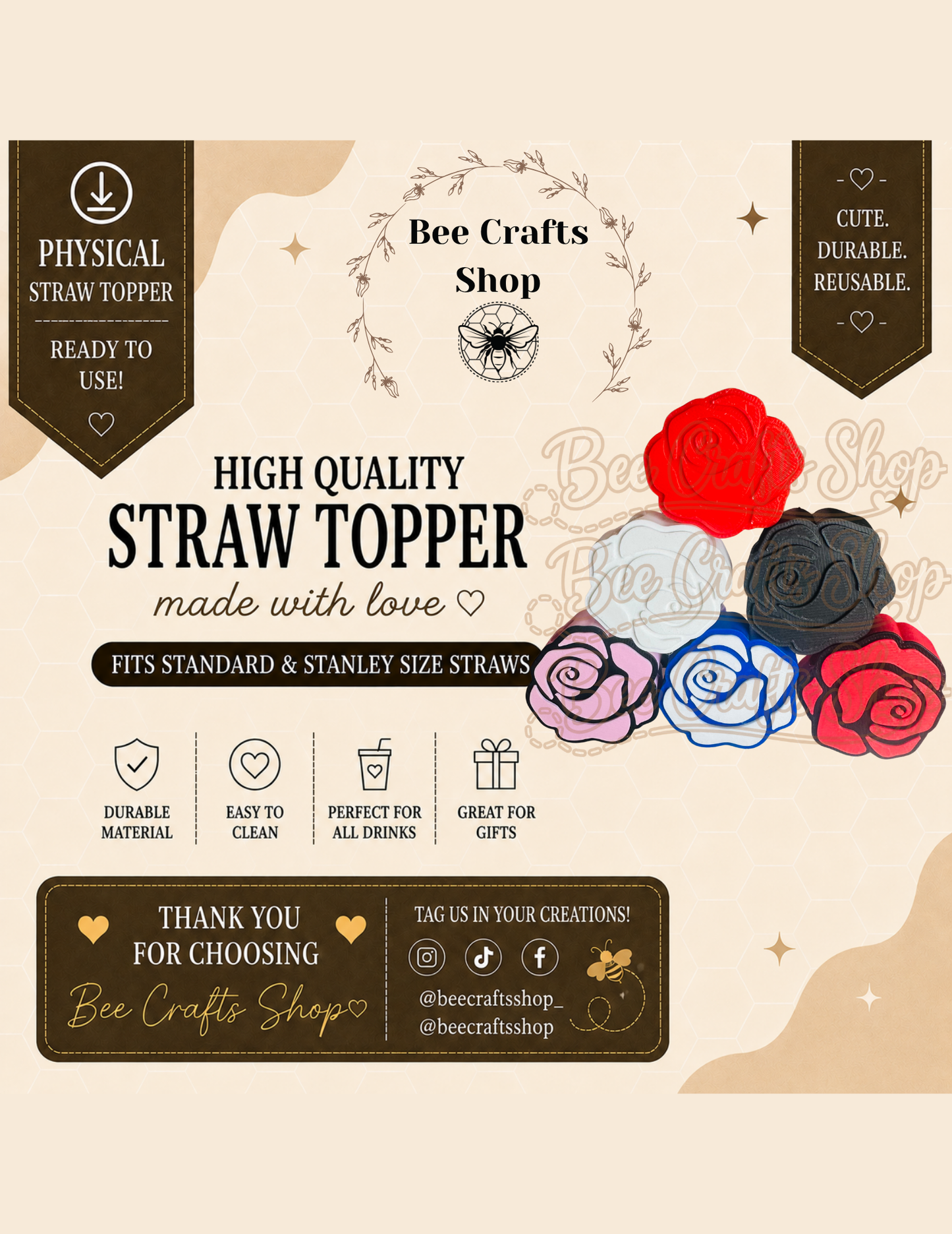 Rose 3D Printed Straw Topper 8.5mm