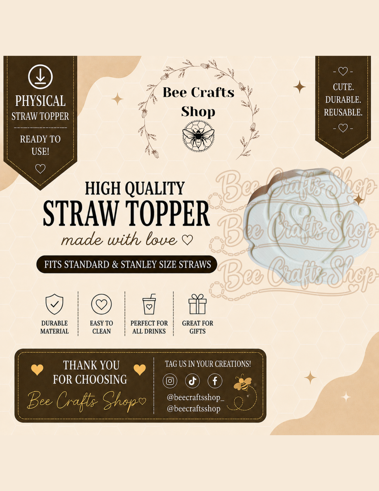 Rose 3D Printed Straw Topper 8.5mm