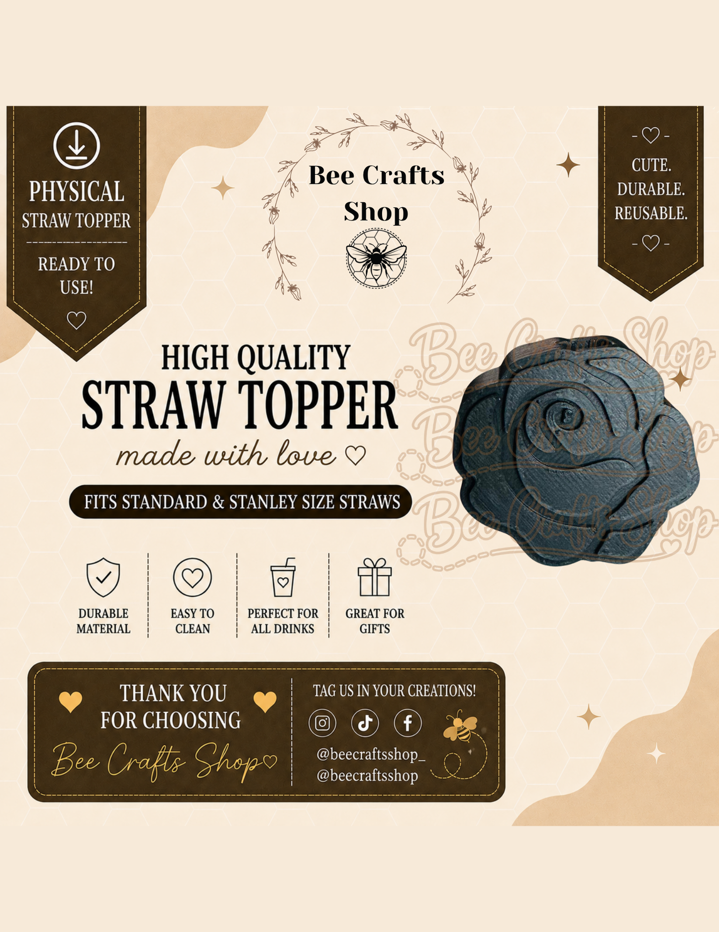 Rose 3D Printed Straw Topper 8.5mm