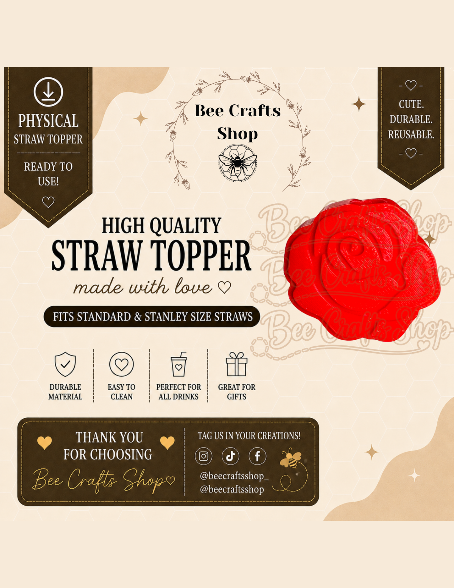 Rose 3D Printed Straw Topper 8.5mm