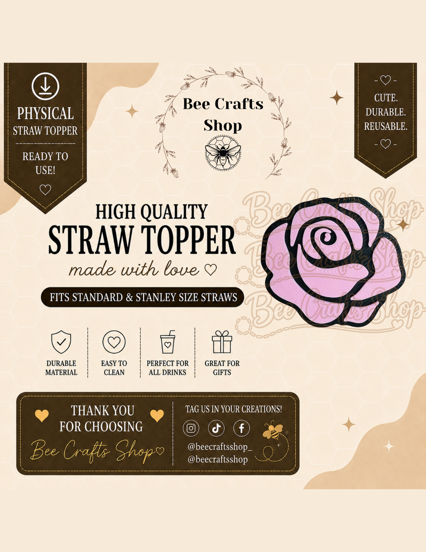 Rose 3D Printed Straw Topper 8.5mm