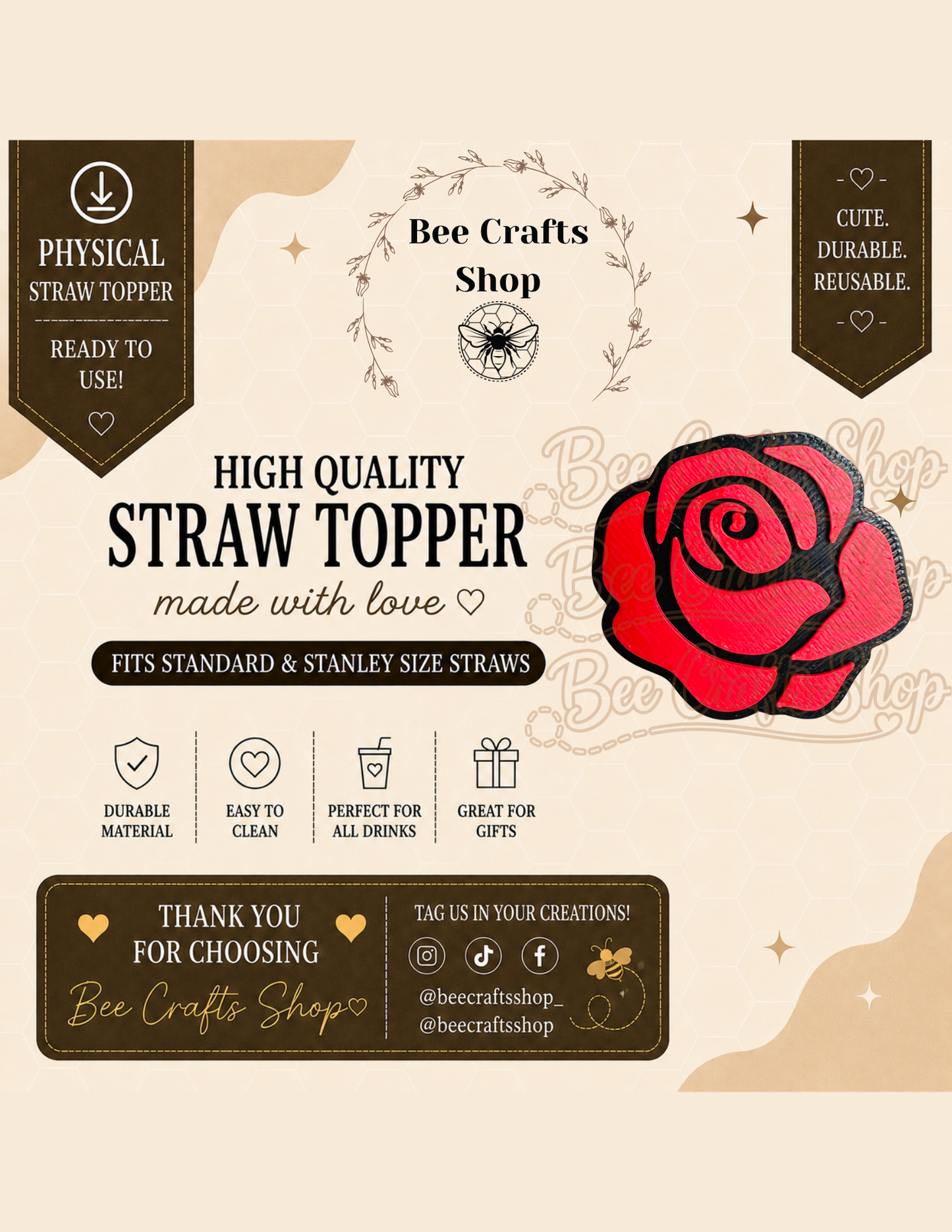 Rose 3D Printed Straw Topper 8.5mm