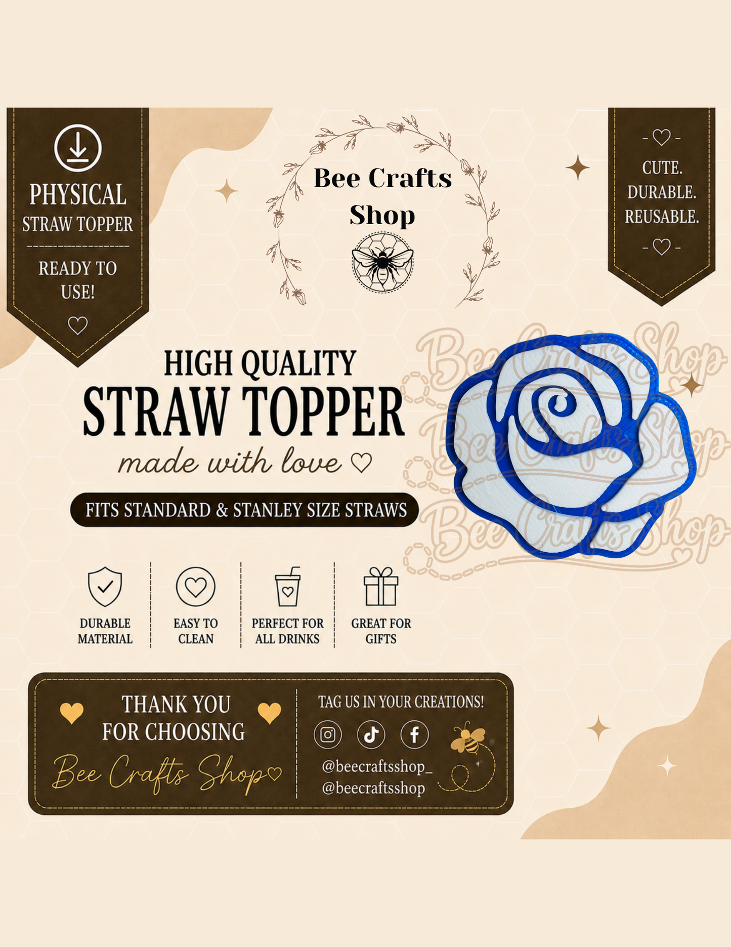 Rose 3D Printed Straw Topper 8.5mm