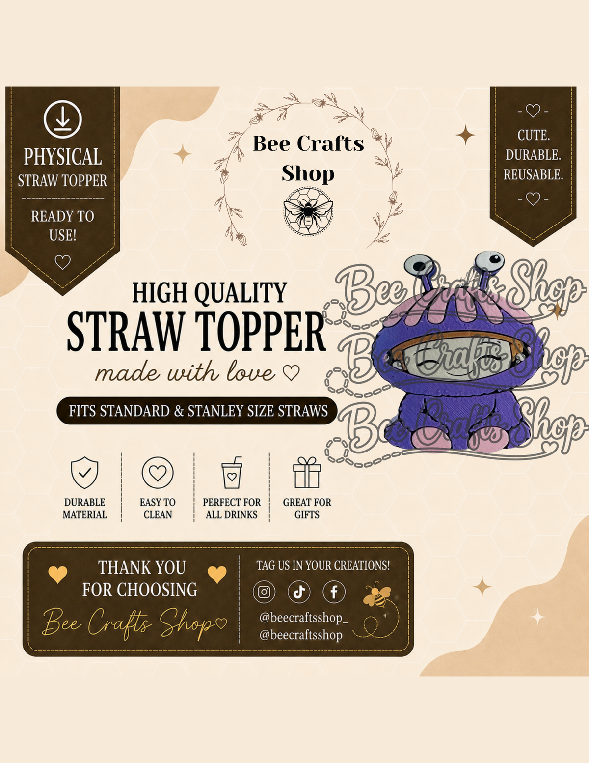Monsters Girl 3D Printed Straw Topper 8.5mm