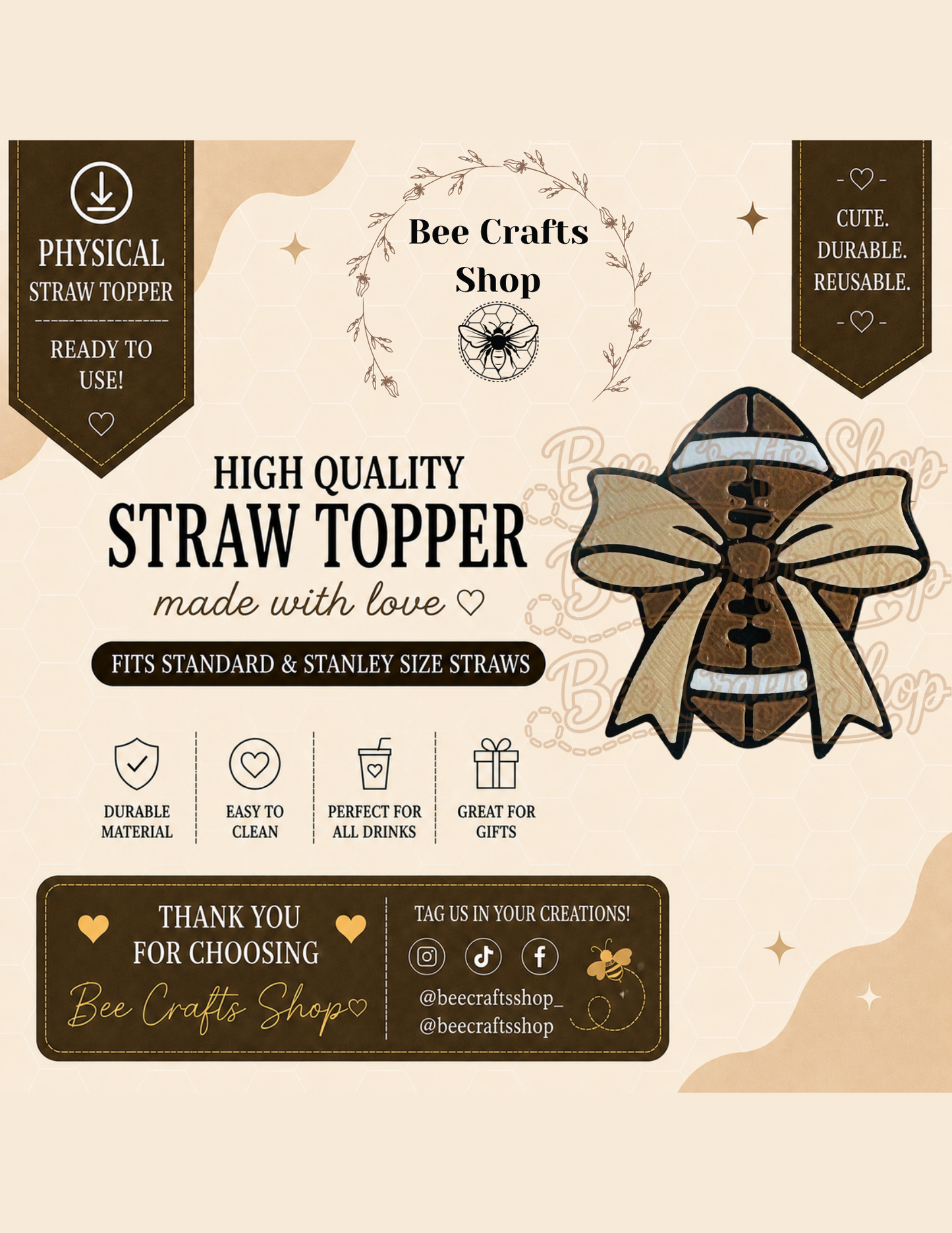 Coquette Football Bow 3D Printed Straw Topper 8.5mm