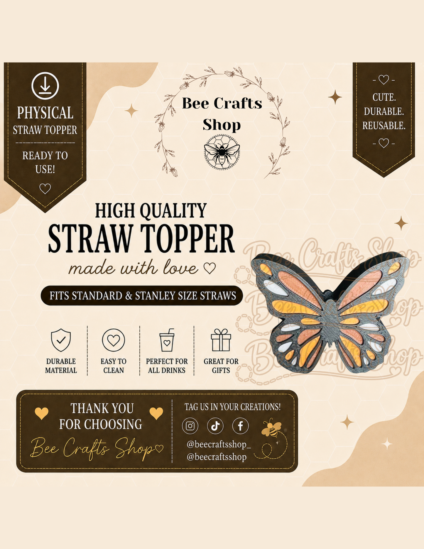 Butterfly 3D Printed Straw Topper 8.5mm