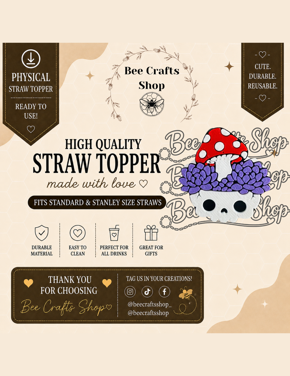 Mushroom 3D Printed Straw Toppers