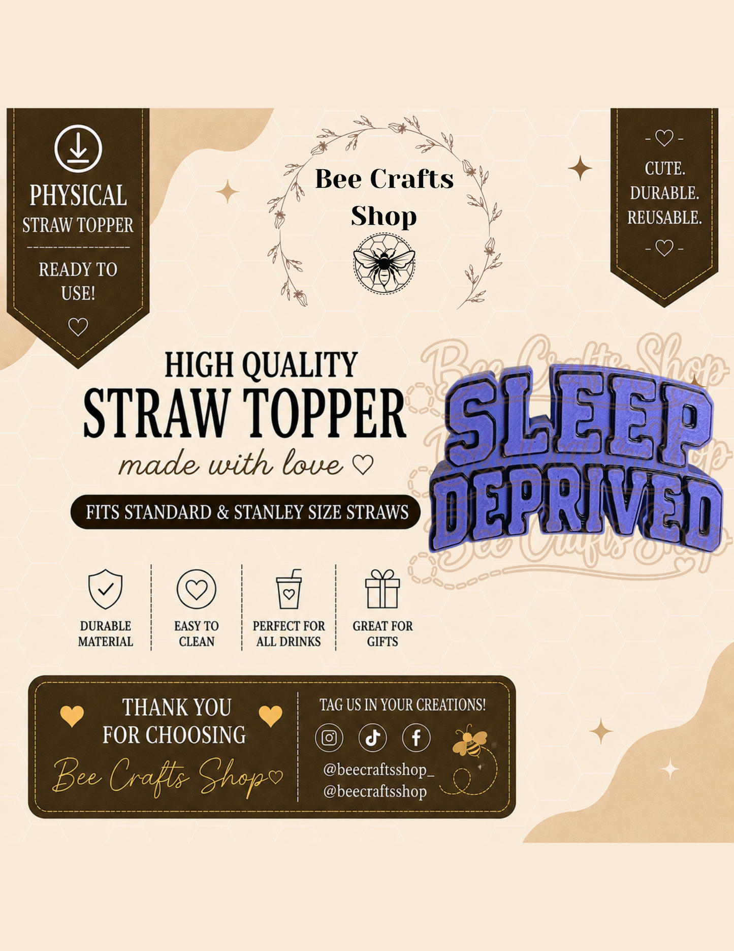 Sleep Deprived 3D Printed Straw Topper 8.5mm