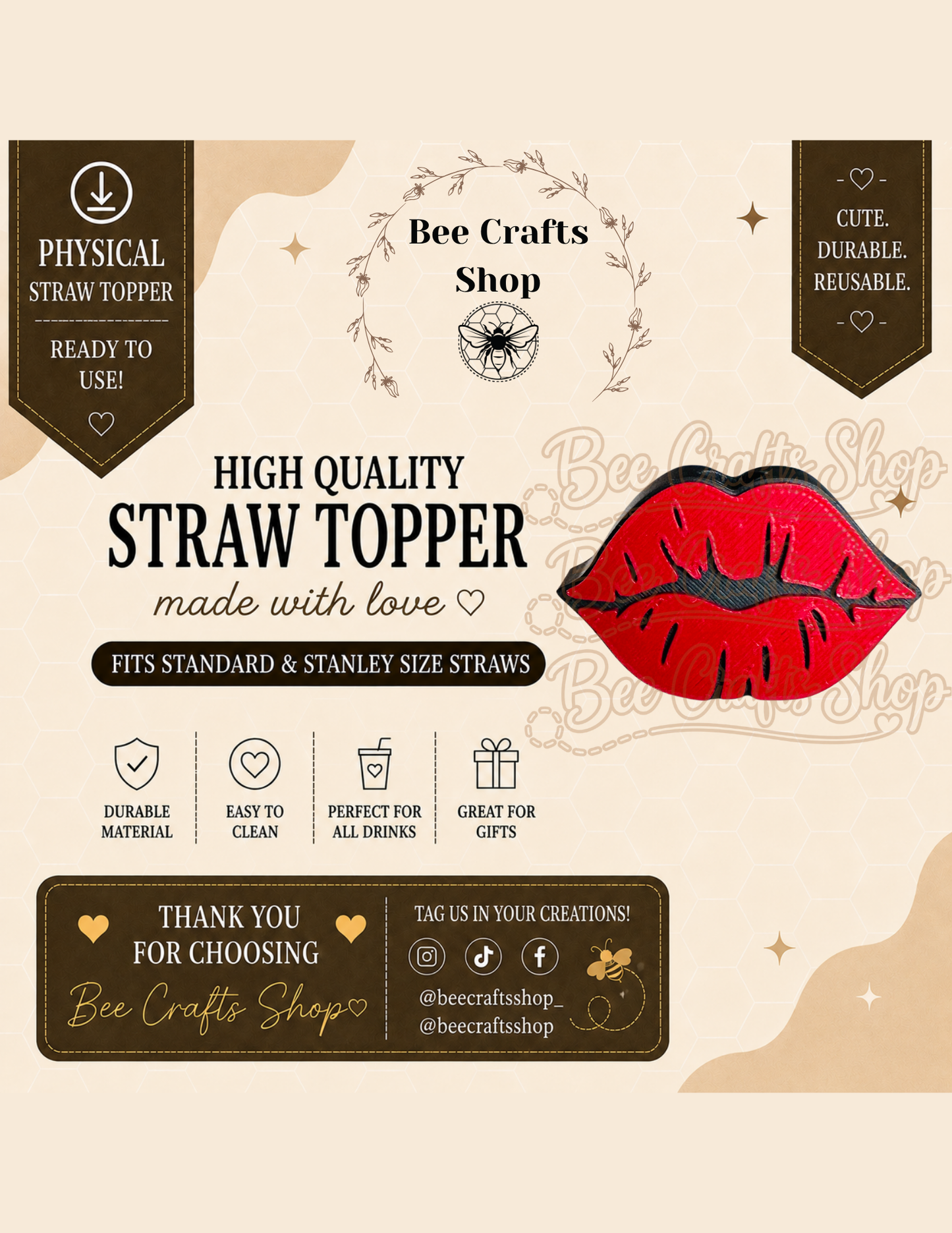 Red Kiss Lips 3D Printed Straw Topper 8.5mm