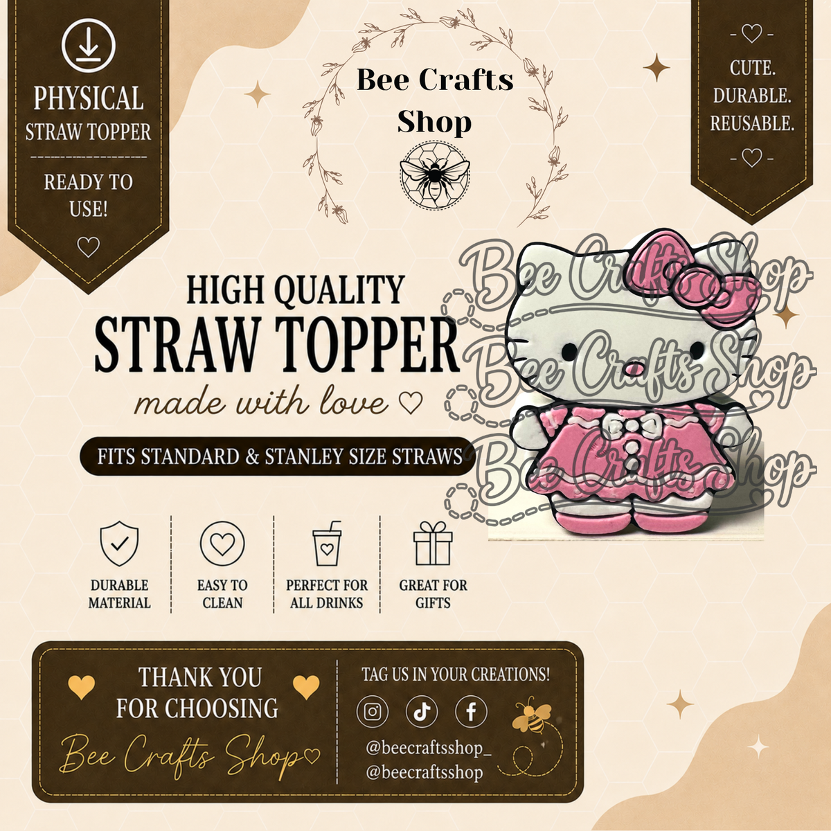 HPink Christmas 3D Printed Straw Topper 8.5mm