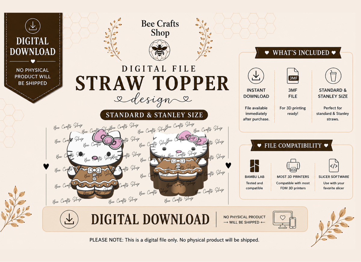 GingerbreadKitty Straw Topper 3mf Digital Design