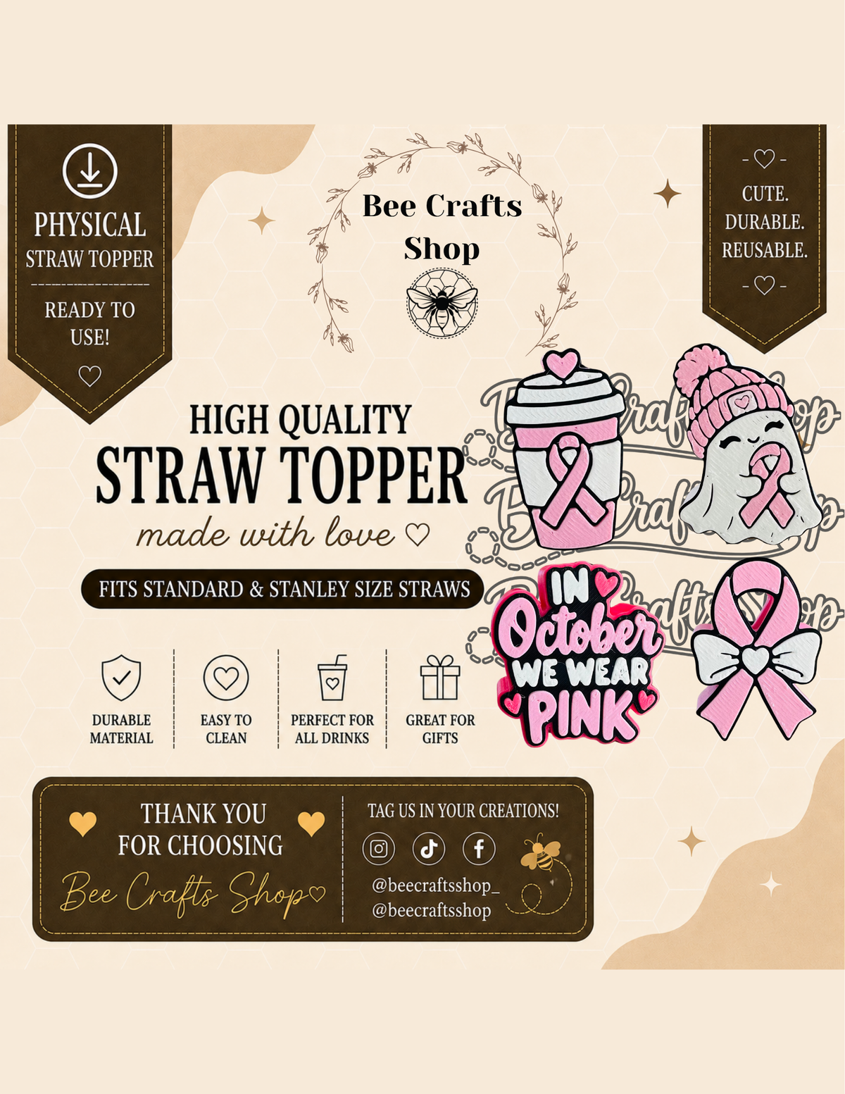 Breast Cancer Awareness 3D Printed Straw Toppers