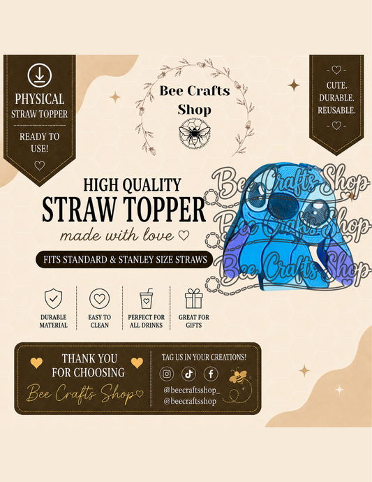 Blue Alien 3D Printed Straw Topper 8.5mm